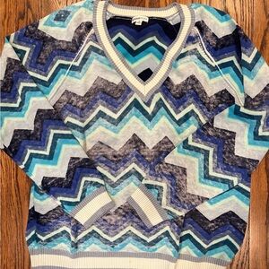 Minnie Rose - Chevron Patterned Sweater - Blue and Gray - Size M